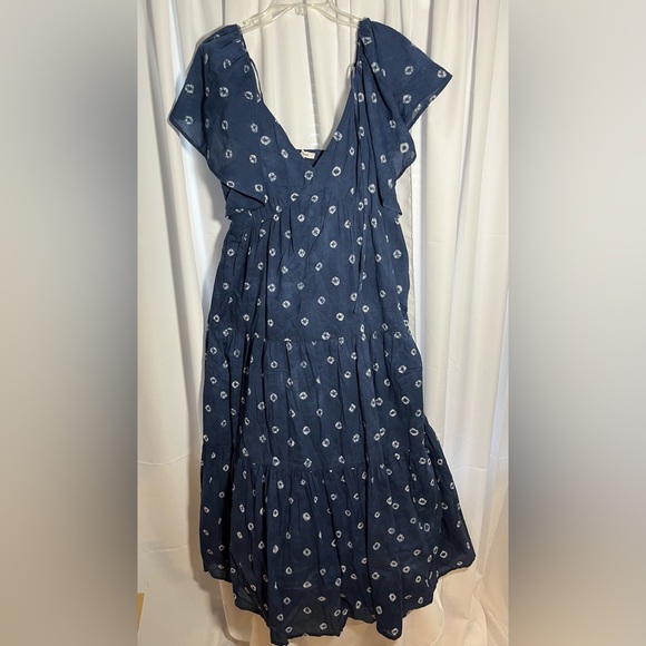 shibori tie back tiered cotton midi dress madewell NWT Madewell Blue Shibori Print Tie Back Flutter Sleeve Tiered Midi Dress Size 2